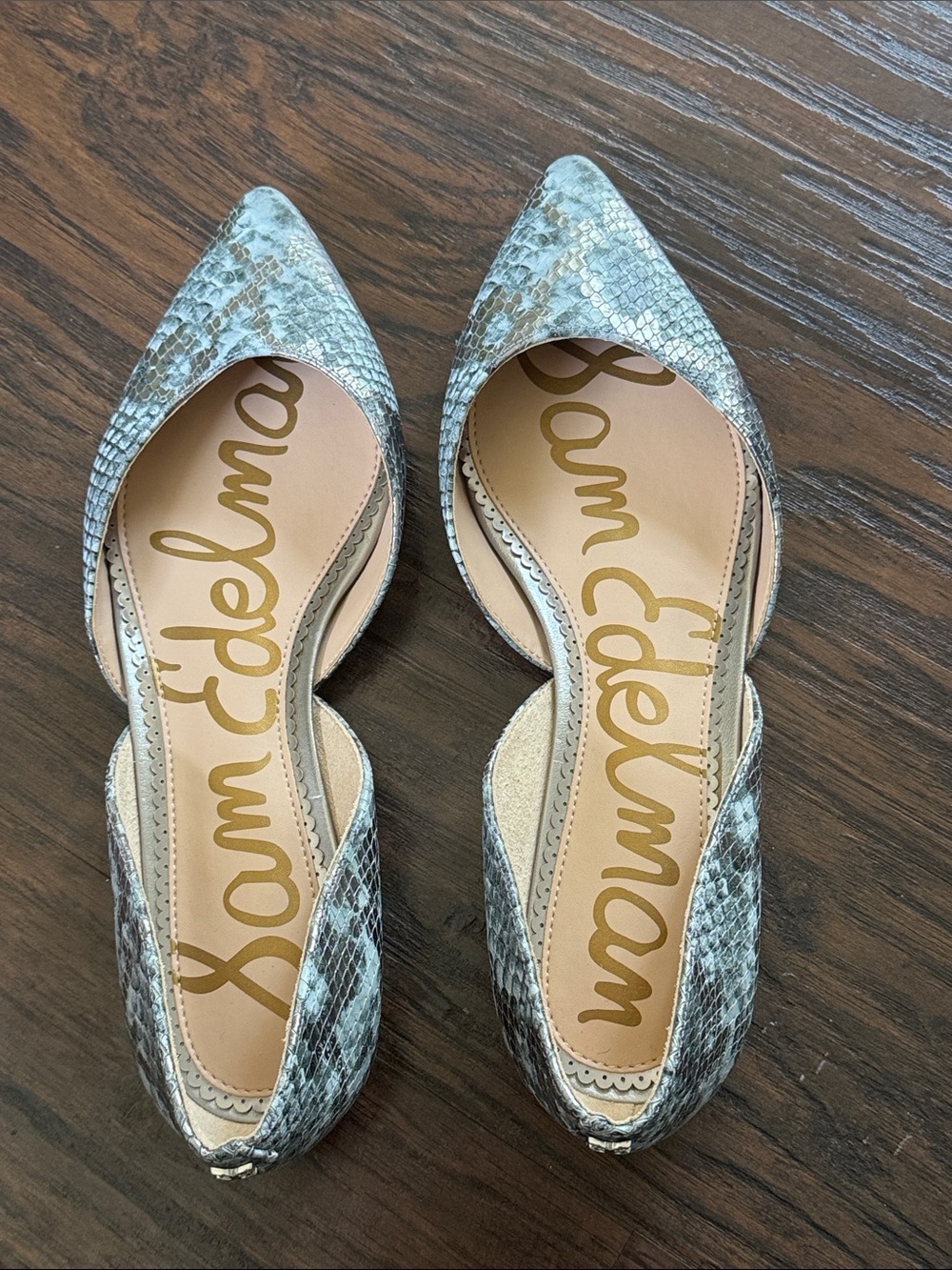 Sam Edelman Pointed D'Orsay Flats in Gray Snake Print